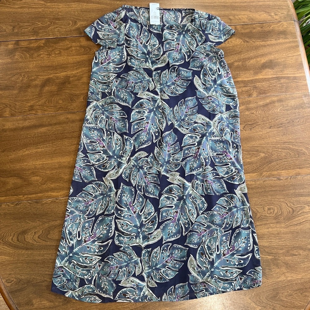 Coldwater Creek Womens Blue Tropical Monstera Leaf Print Midi Shift Dress Small